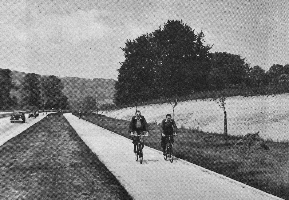 Cyclists on the A24 bike path, the 1930s arterial road north of Dorking