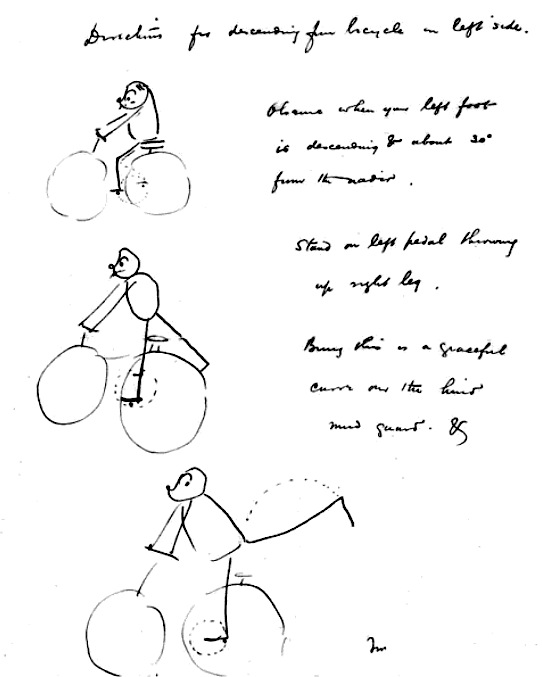 "Observe when your left foot is descending & about 30° from the nadir. Stand on left pedal throwing up right leg. Bring this in a graceful curve over the hind mud guard & leap lightly to the ground…The treadle moves against your weight & assists the leap. Then smile. Thus...The method for the right side is right for left the same."