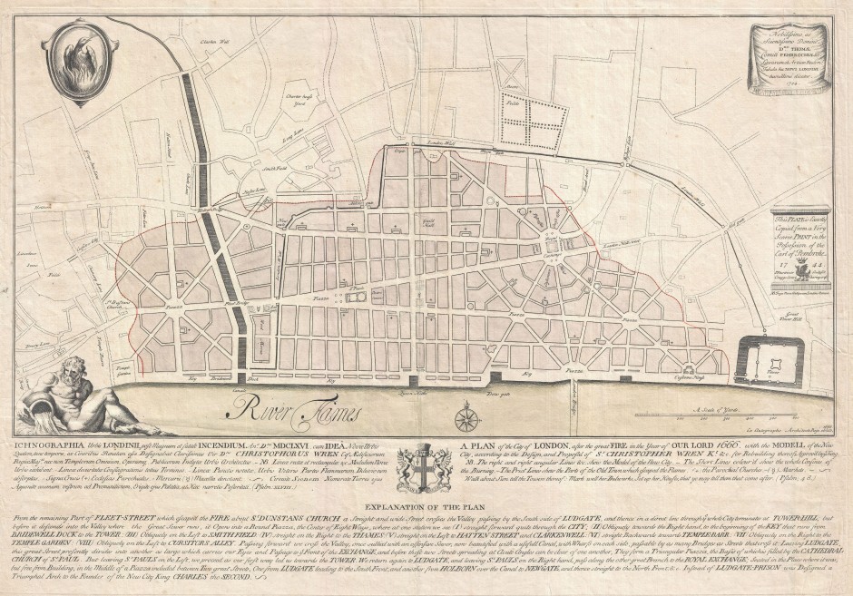 Sir Christopher Wren's post-1666 map of London. Despite claims from Wren and his son, the plan was never seriously considered. For a start it was topographically impossible. Click for huge version.