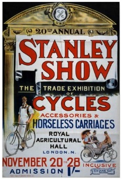 Stanley Show of Cycles, 1896. Cycles, and horseless carriages, too. 12 of them. Two had been displayed at the 1895 Stanley Show, the first time the British public were shown these new contraptions.